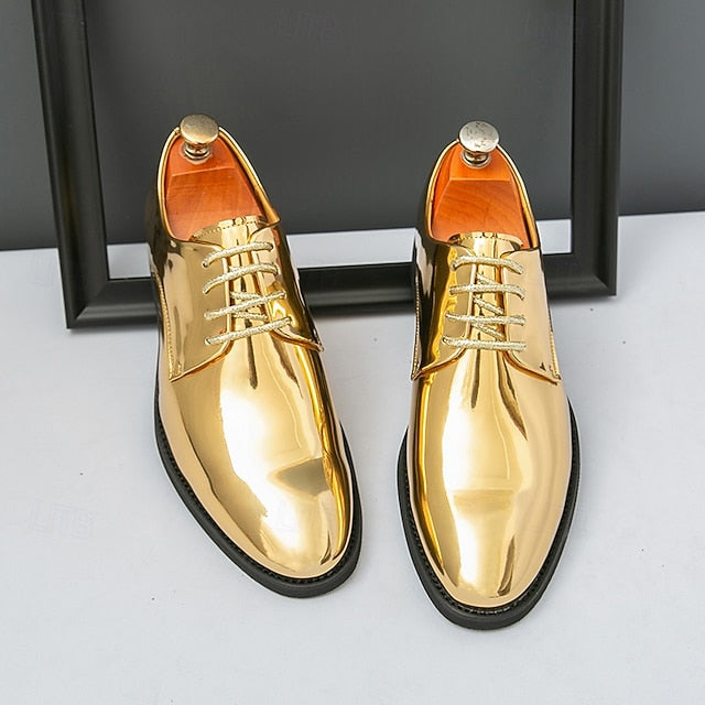Lace-Up – Men Leather Patent Shiny for Sleek Gold Shoes