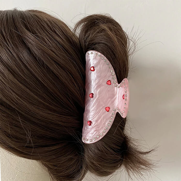 Pince à cheveux en strass avec cœur rose