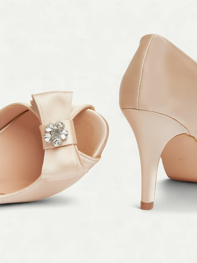 Toe Heels Satin Champagne Women's Peep and with Bow