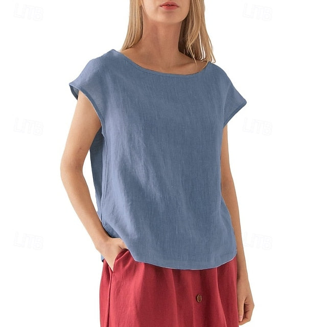 Women's Cotton Linen Shirt T Shirt Tee Top Solid Color