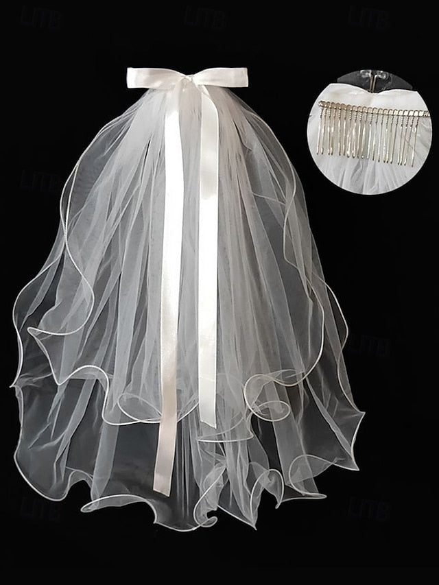 Elegant Satin - Bridal Ivory Ribbon Tulle Veil with and Soft