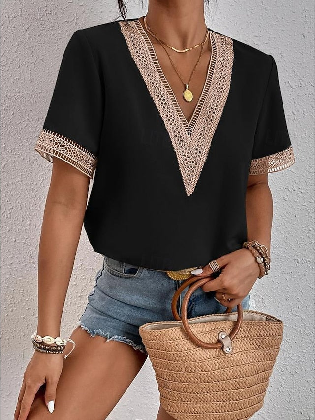 Women's Elegant Lace Tops Eyelet Blouse Lace Work Stylish