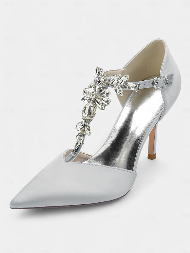 Blue Toe Pointed Women's Heels Navy – Satin T-Strap