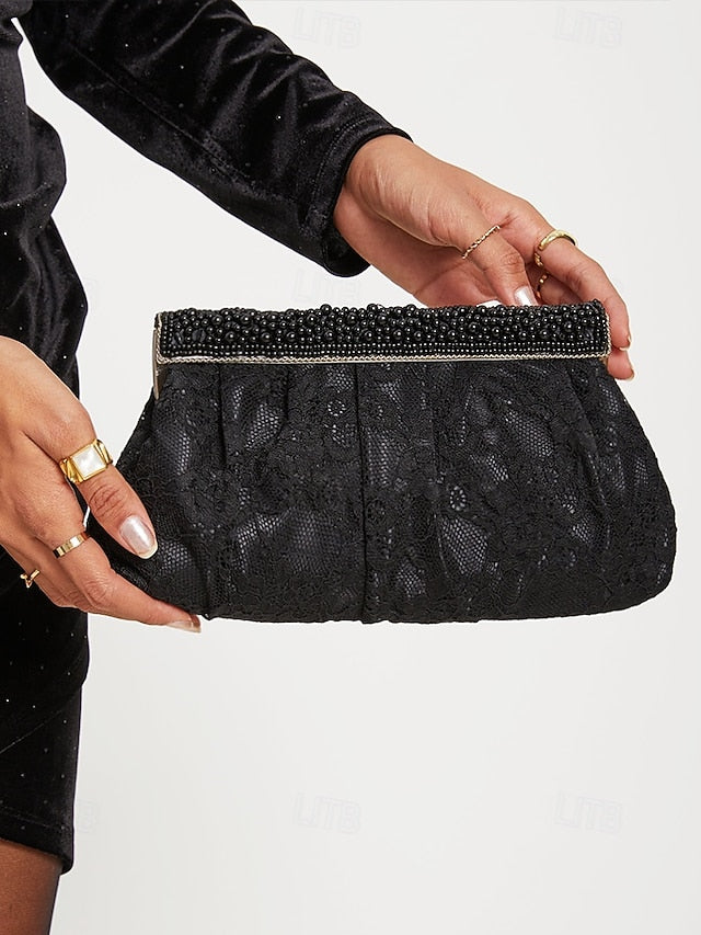 Lace Clutch Women's Black Elegant Bag Beaded Evening with