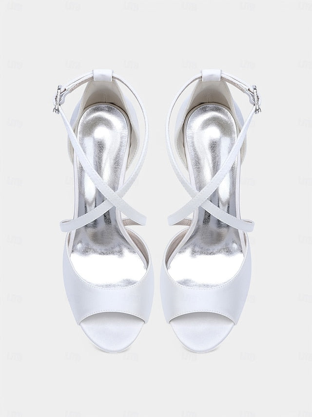 White Cross-Strap Heels – Satin Peep-Toe Women's Elegant