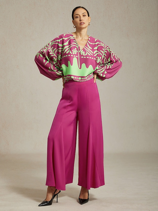 Women's Top Vivid Fuchsia Print Satin Lantern Long Sleeve V