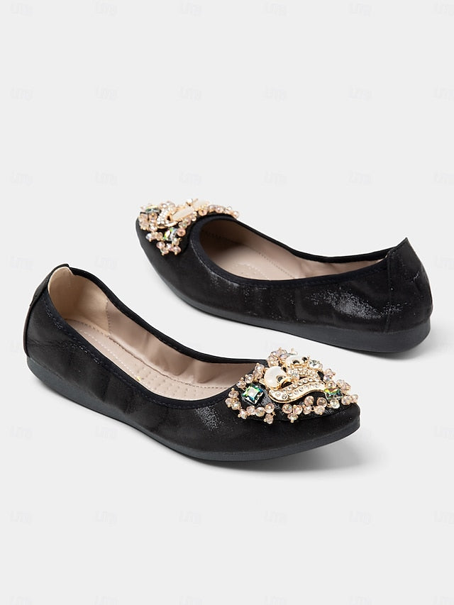 with Rhinestone Foldable Flats Black Women's  Ballet
