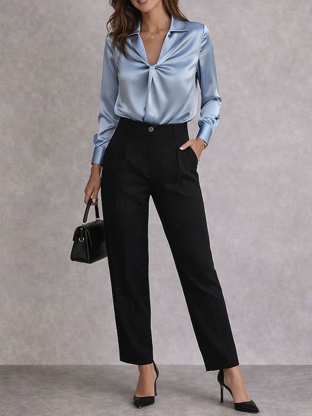 Women's Elegant Satin Top Blouse Silky Tops Ruched Plain