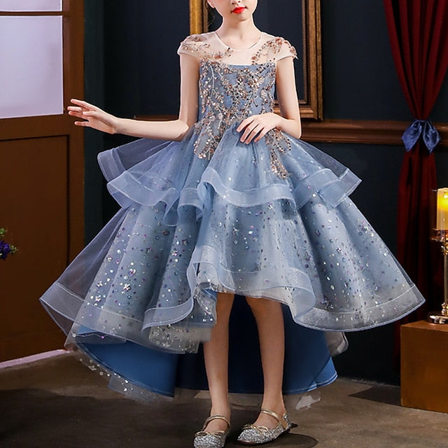 Sleeve Kids Sequin Short Party Dress Performance Girls'