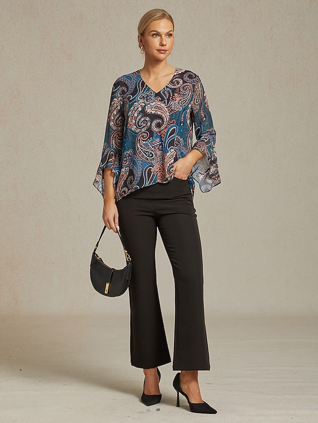 Women's Paisley Print Chiffon Peasant Top Lantern Sleeve
