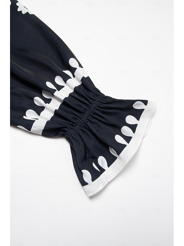 Geometric Print Off Shoulder Midi Satin Dress