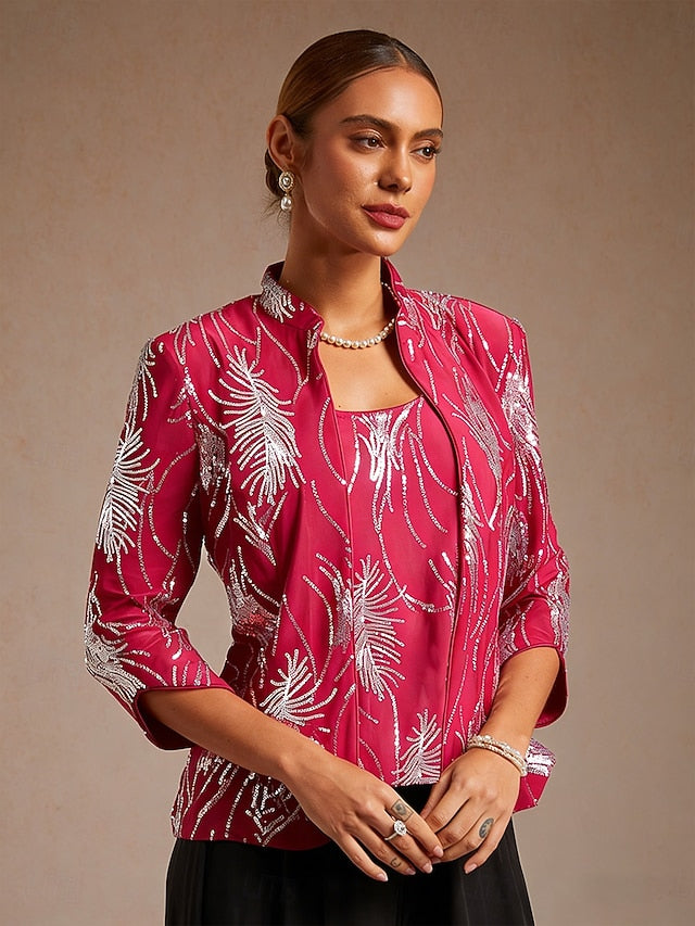 Women's Sequin Tops Twinset Sequins Feather Elegant 3/4