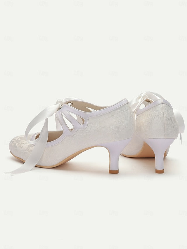 Pumps Elegant - Bridal Lace Satin White with Ribbon Vintage Ties