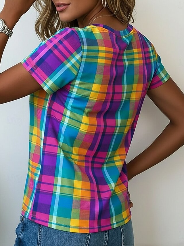 Women's T Shirt Print Plaid Vintage Classic Casual Short