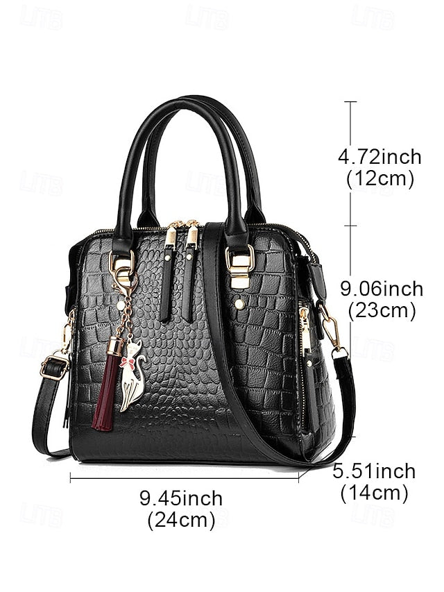 Women's Faux Leather Crocodile Pattern Handbag with Tassel