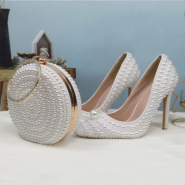 Pearl-Embellished and Round Heels Pearl White Stiletto Set Purse