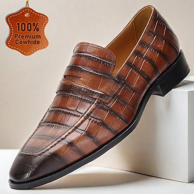 Crocodile Men's Dress Pattern Classic Brown - Leather Shoes