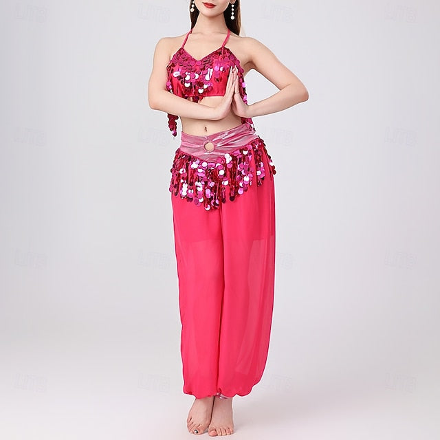 Belly Dance Top Pure Color Splicing Sequins Women's