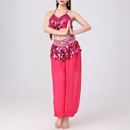 Belly Dance Top Pure Color Splicing Sequins Women's