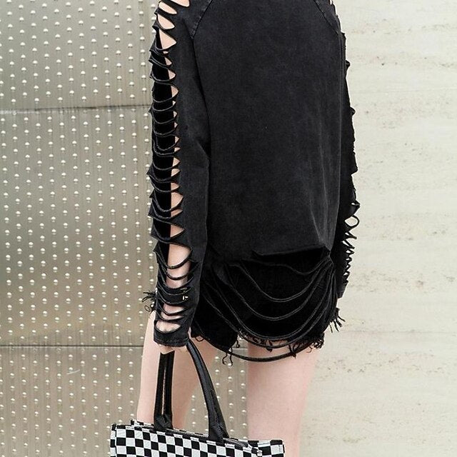 Women's Cold Shoulder Tops Vintage Washed Tops Tassel Cut