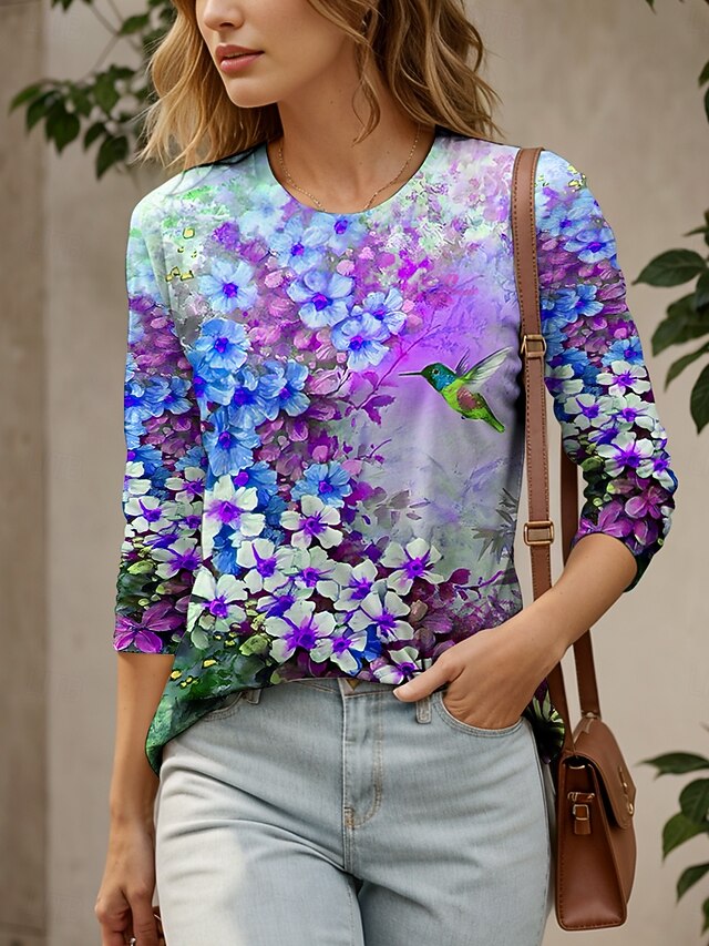Women's T shirt Crew Neck Long Sleeve Tunic Floral Graphic