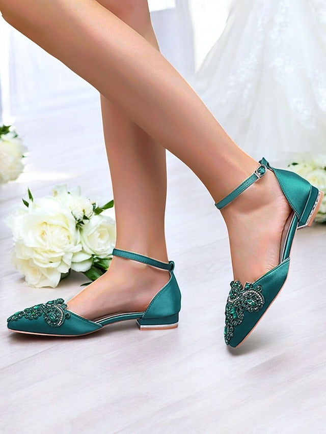 – Gemstone Embellished Flats Pointed-Toe Green Style Vintage