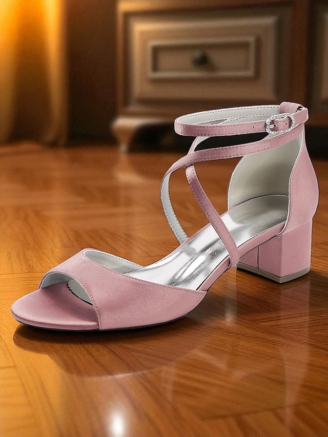 Women's Block - Elegant Strap Heel Ankle Satin Sandals with
