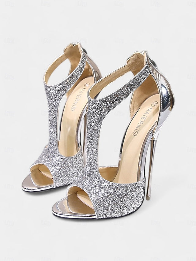 with and Stiletto Design Heels Open for Glitter T-Strap Gold Toe