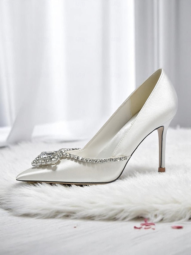 Satin with Toe Women's Crystal Wedding Pointed Heels White