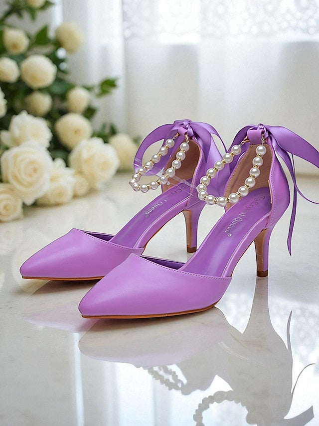 Pearl Bow Ankle Blue Women's - Pumps Strap with Heel Kitten