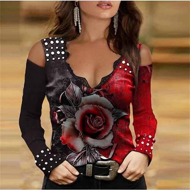 Women's T Shirt Hollow Out Hole Rose Sexy Casual Long