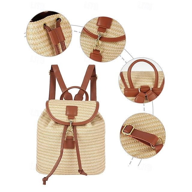 – Women Woven Boho Bag with Rattan for Travel Straw Backpack