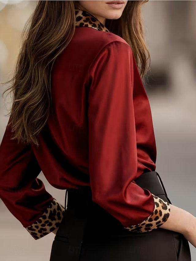 Women's Satin Shirt Dress Shirt Blouse Patchwork Buttons