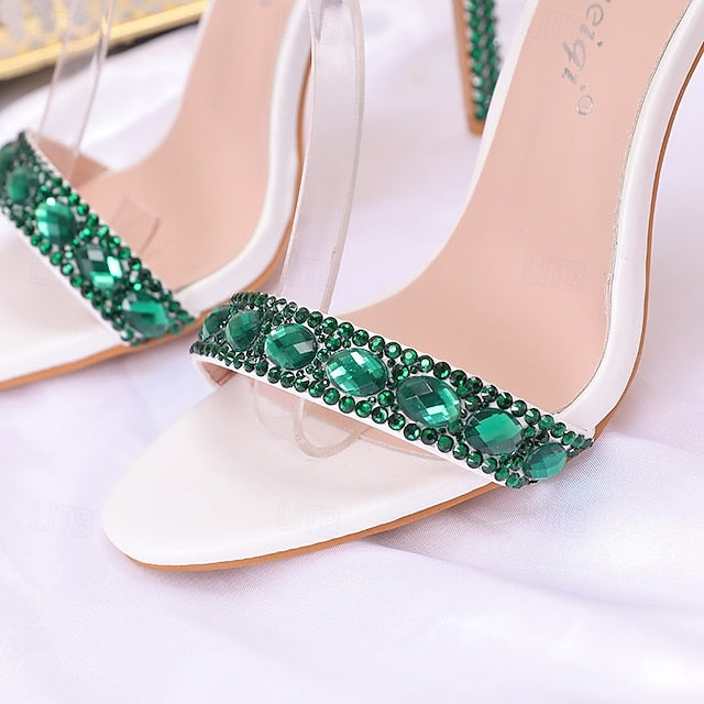 Matching Stiletto Green Women's with Rhinestone Ankle Heels