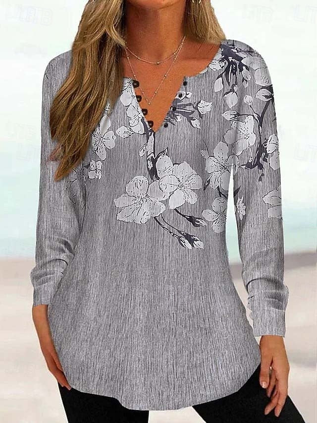 Women's Tunic Shirt Henley Shirt Blouse Tunic Basic Floral