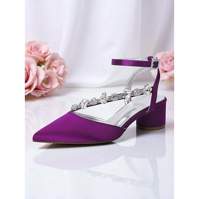 Heel Pumps Rhinestone Women's Purple Satin with Block