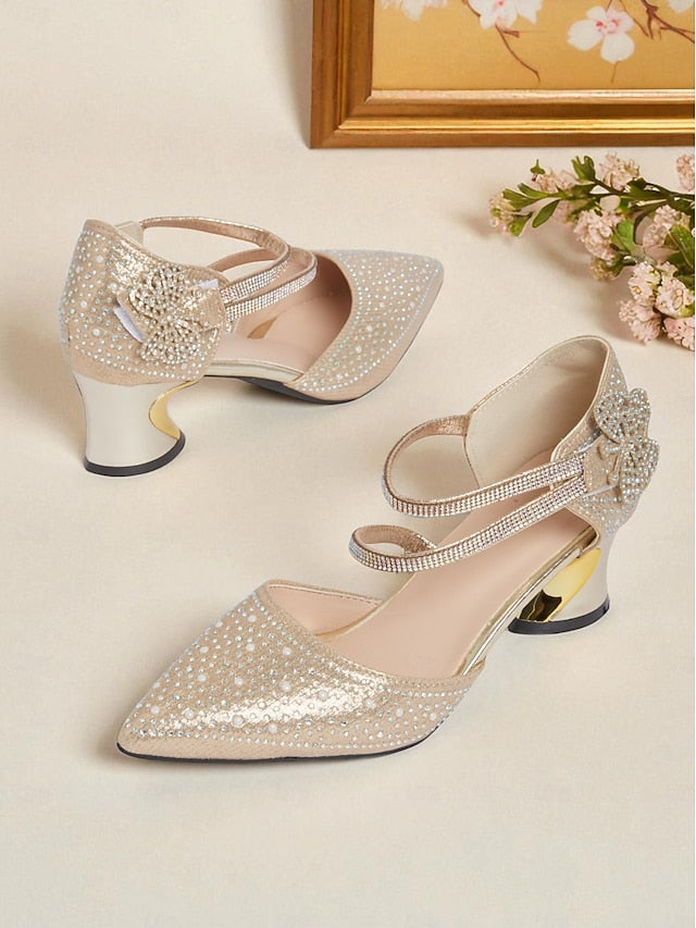 Ankle Pointed Women's Strap Low Rhinestone Glitter Heel Toe