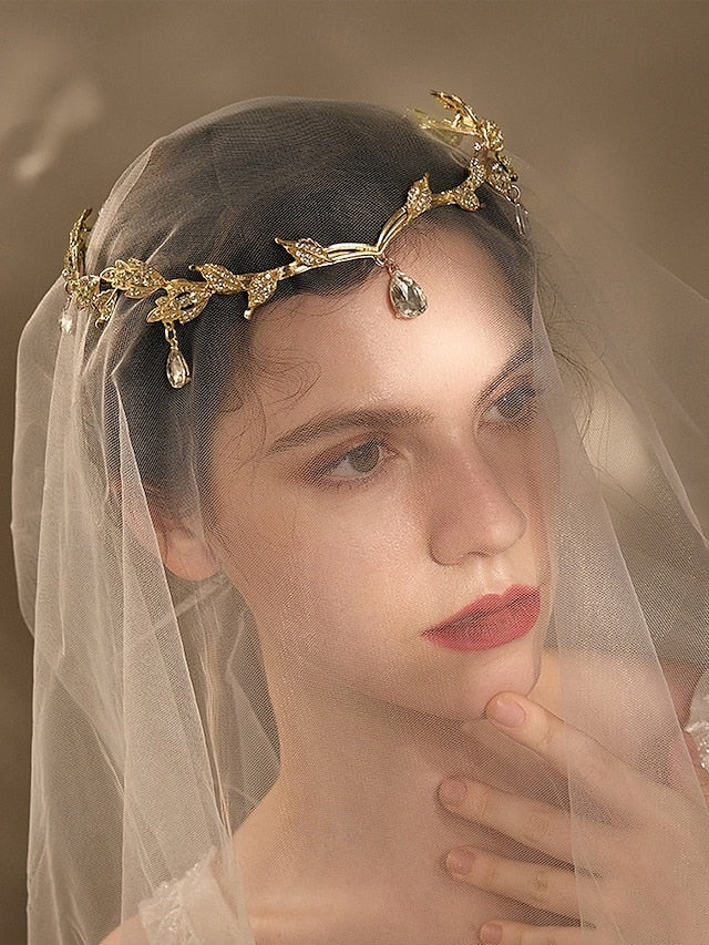 – Headpiece Leaf Blue Drops with Vintage Gold Gemstone