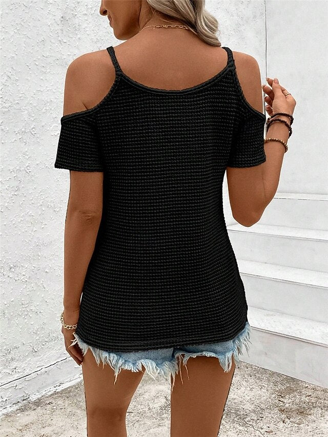 Women's Cold Shoulder Tops Waffle Knit Tops Lace Patchwork