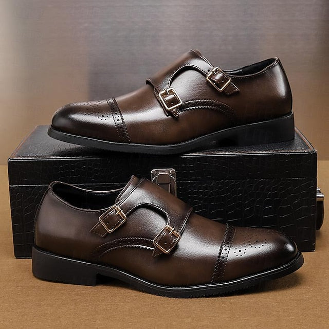 Men's Monk Leather with Strap Brown Faux Double Shoes