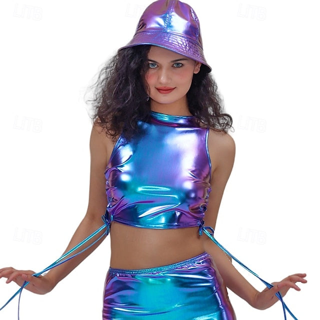 Metallic 1980s Shiny Latex Patent Crop Top Halter PU Leather