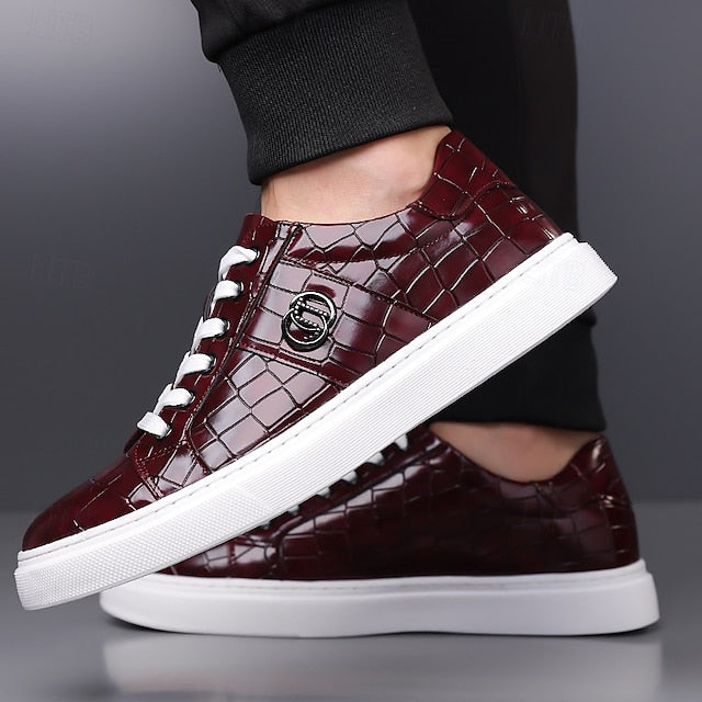 with Men's Pattern Faux Burgundy Sneakers Leather Crocodile