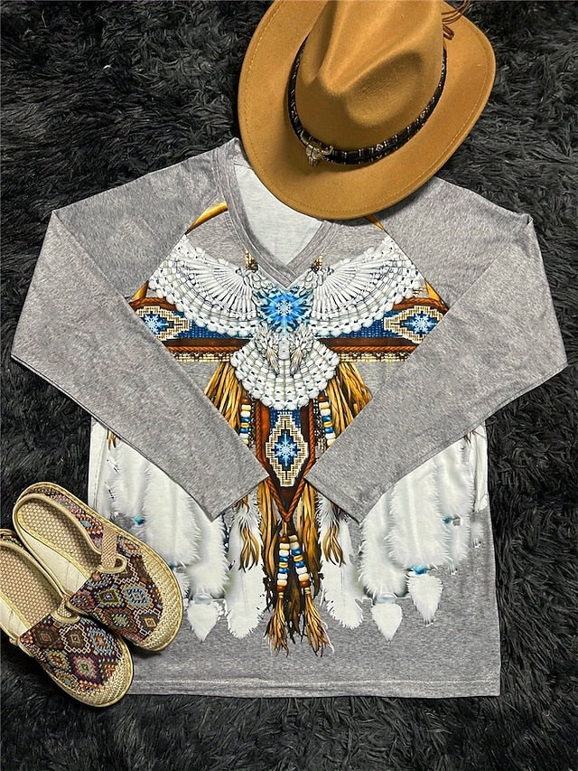 Women's T shirt Long Sleeve V Neck Long Sleeve Graphic
