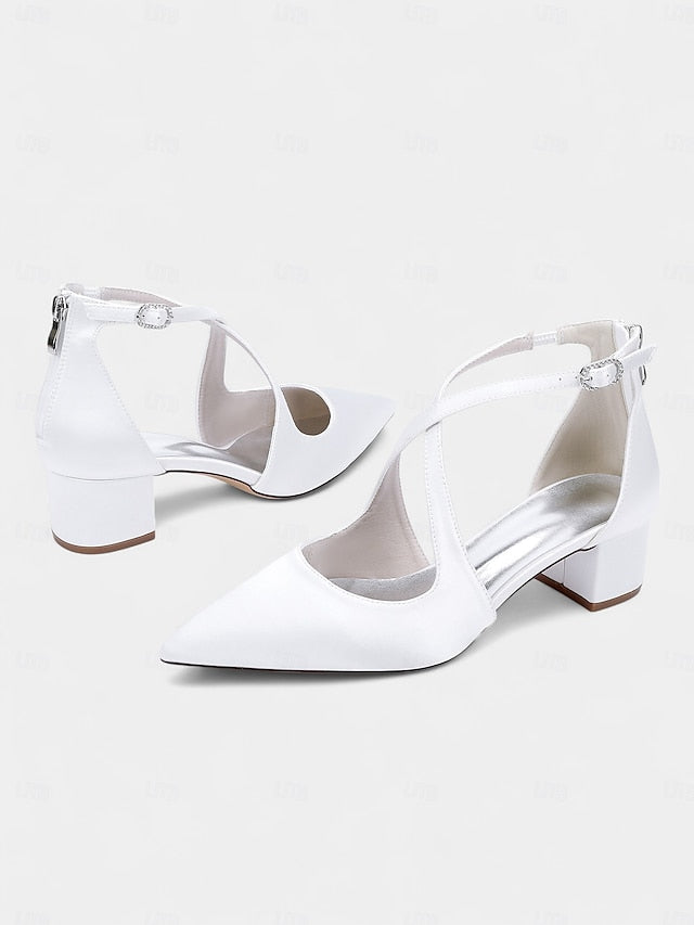 - Pointed Toe Women's Satin Elegant Ivory Block Heels