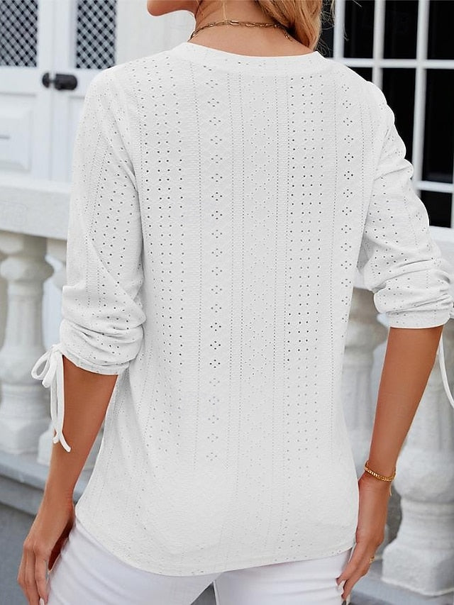 Women's White Elegant Lace Tops Eyelet Blouse Stylish