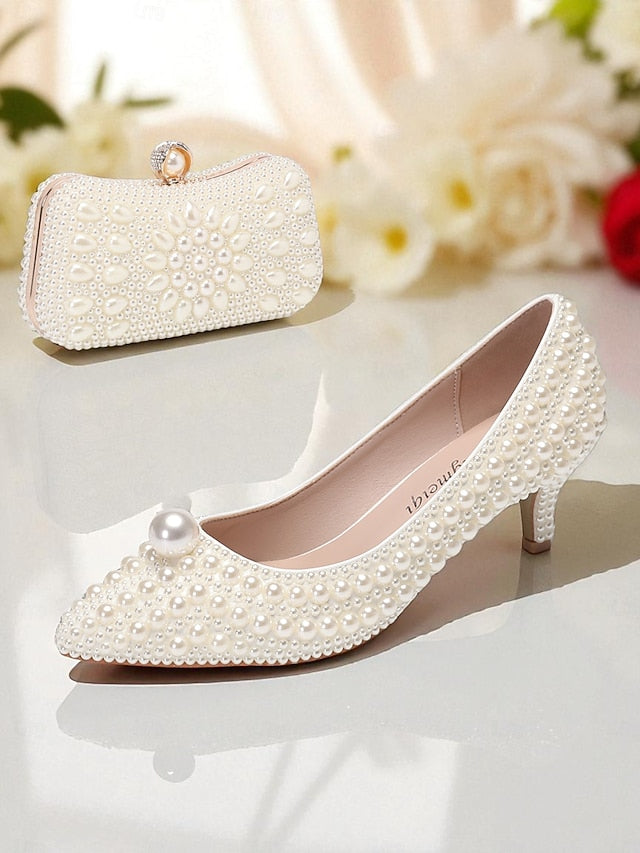 Pearl-Embellished Women's Kitten Pumps and Heel Matching