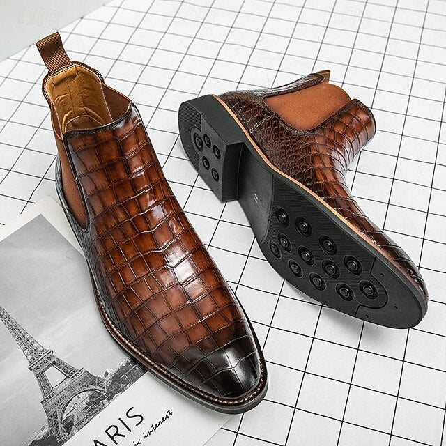 Slip-On Pattern Boots – Men's Crocodile Brown Chelsea