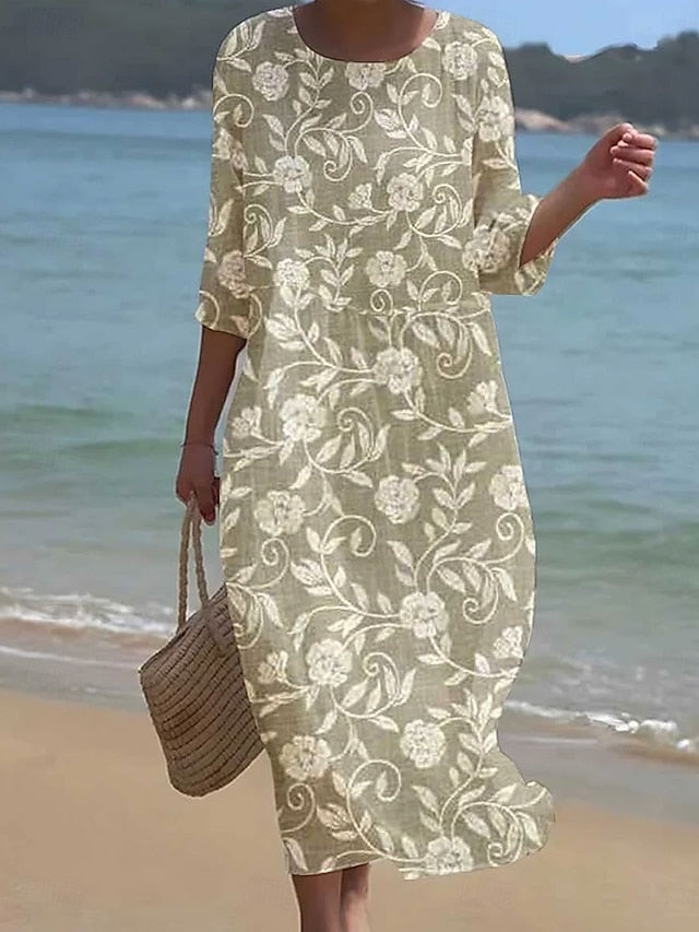 Women's Maxi Dress Kaftan 3/4 Length Sleeve Crew Neck