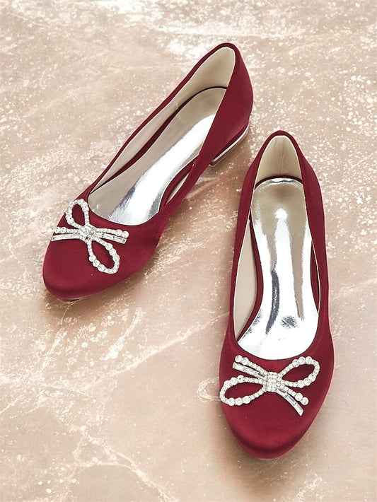 Round-Toe Bow Embellished Rhinestone - Women's Flats