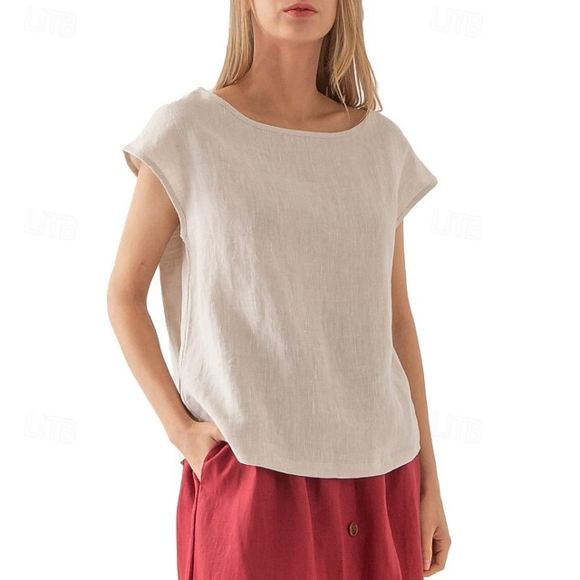 Women's Cotton Linen Shirt T Shirt Tee Top Solid Color